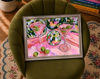 Martini and Disco Ball Wall Art, Maximalist Cocktail Print, Retro Bar Cart Poster, Pink Green Home Bar Decor, Eclectic Girls Night Art