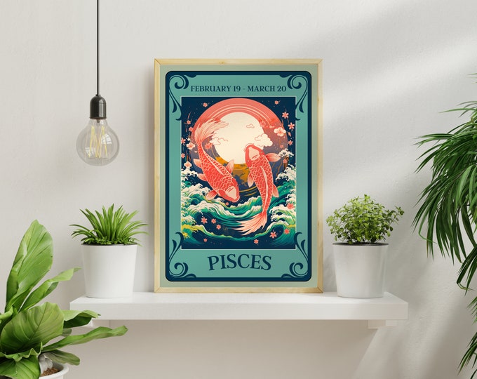 Pisces Tarot Print (no border version) -Pisces Zodiac Print - Pisces Poster - Pisces Astrology Print - Zodiac Decor