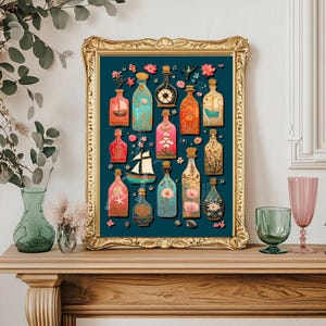 May include: A framed art print featuring a collection of decorative bottles with various designs, including boats, flowers, and seashells. The bottles are arranged on a dark teal background within a gold frame. The artwork is displayed on a wooden mantel.