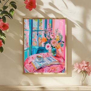 Impresión de libros - Decoración librería - Impresión de lectura - Impresión de lectura y café - Arte de pared boho - Decoración de cocina maximalista - Impresión de cocina kitsch