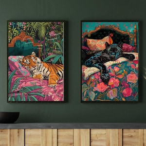 Sleeping Tiger and Puma Wall Art Set - Maximalist Animal Prints - Pink, Blue, Green Decor - Bedroom Gallery Wall Art - Framed or Canvas