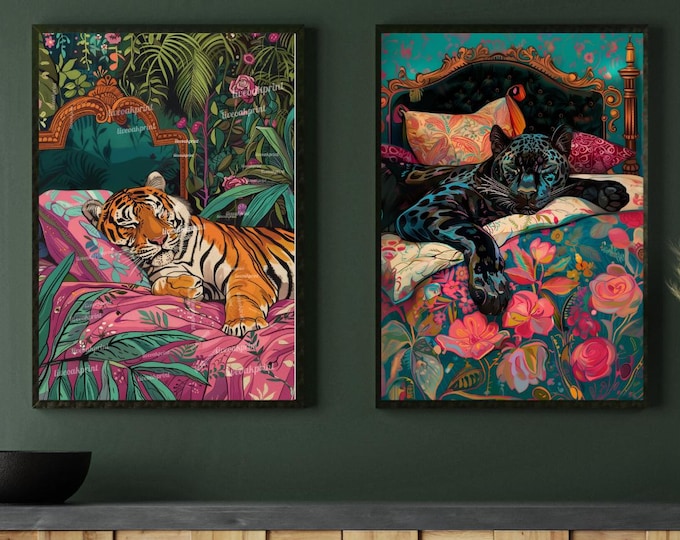 Sleeping Tiger and Puma Wall Art Set - Maximalist Animal Prints - Pink, Blue, Green Decor - Bedroom Gallery Wall Art - Framed or Canvas
