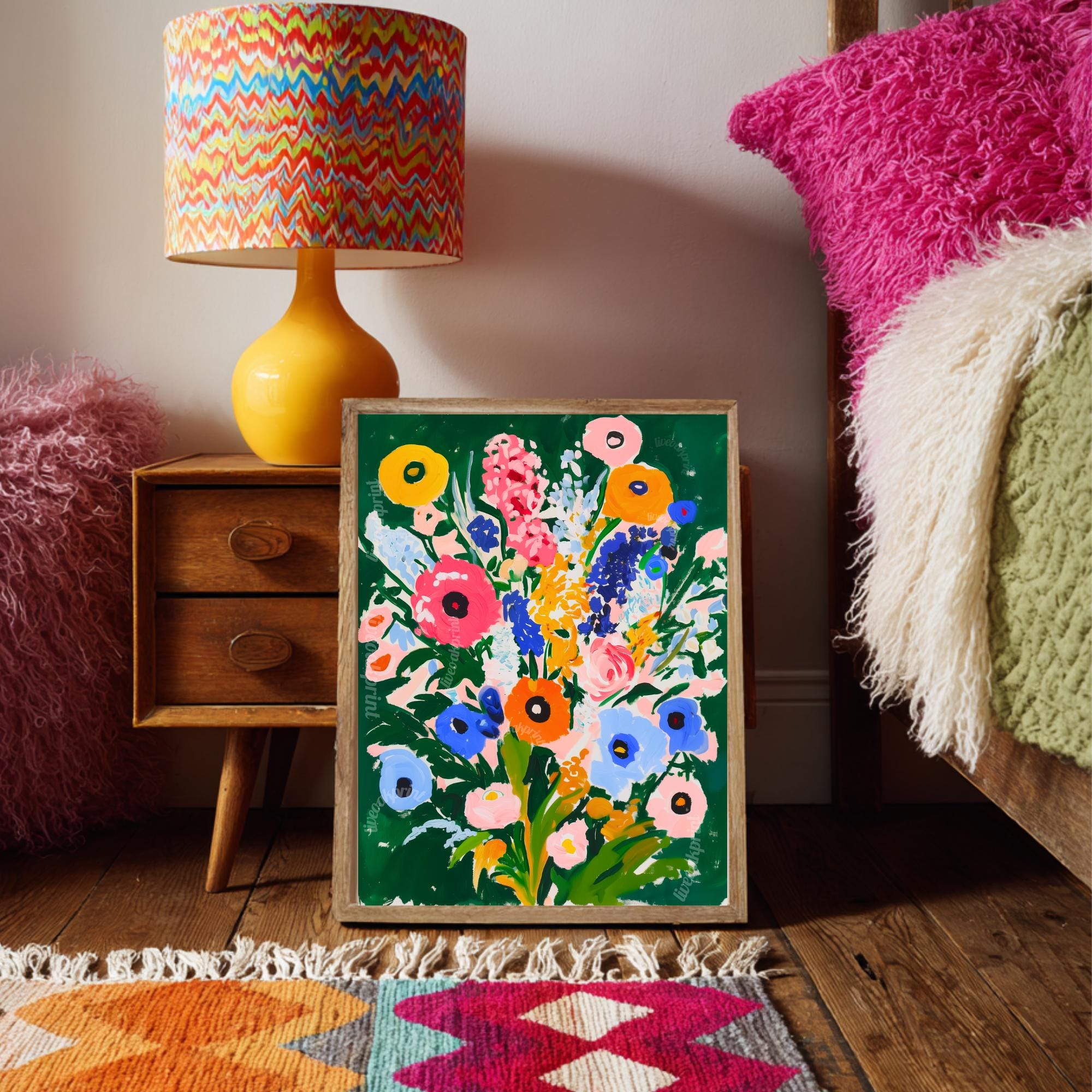 Moody Green Floral Wall Art – Colorful Cottagecore Wildflower