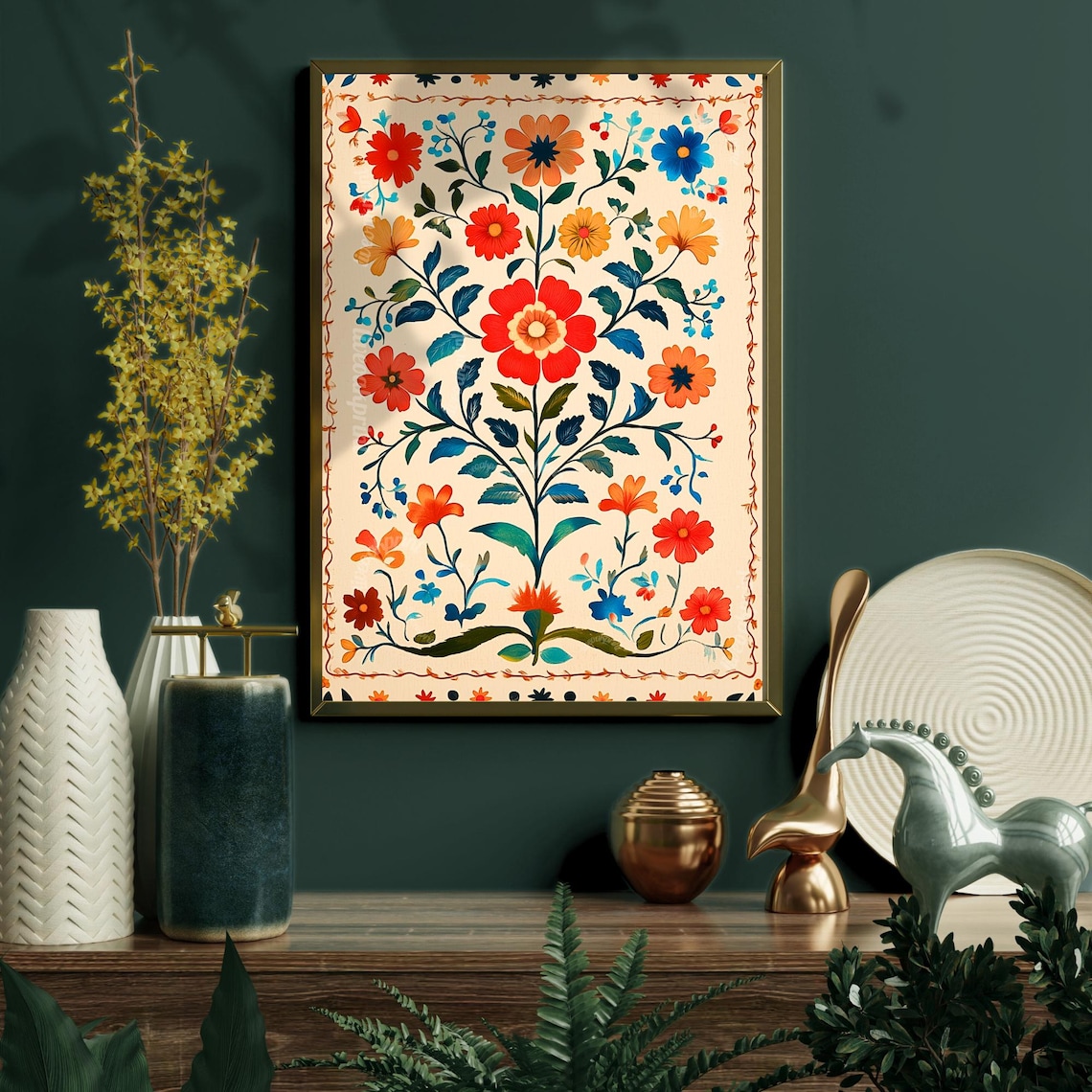 Mexican Folk Art Inspired Vintage Poster - Floral and Botanical Wall ...
