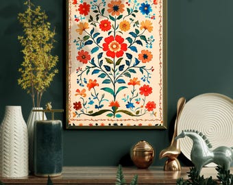 Mexican Folk Art Inspired Vintage Poster - Floral and Botanical Wall Art - Latin Inspired Decor -  Boho Wall Art