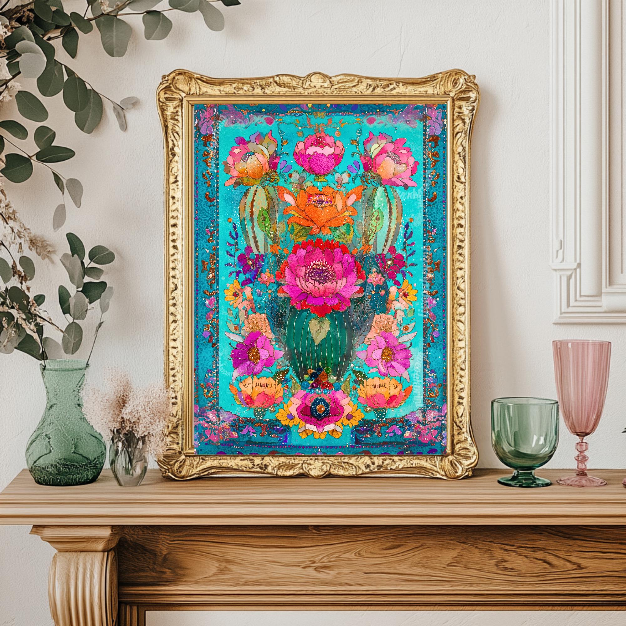 Turquoise Cactus Wall Art - Mexican Cactus Print Mexican Art Print Folk Art Wall Decor Print Blue Funky Wall Art Dopamine Decor Wall Art