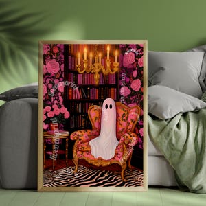 Cozy Ghost in a Vintage Library - Maximalist Ghost Print - Pinkoween Print - Cute Ghost Print - Pink Halloween Decor - Autumn Reading Decor