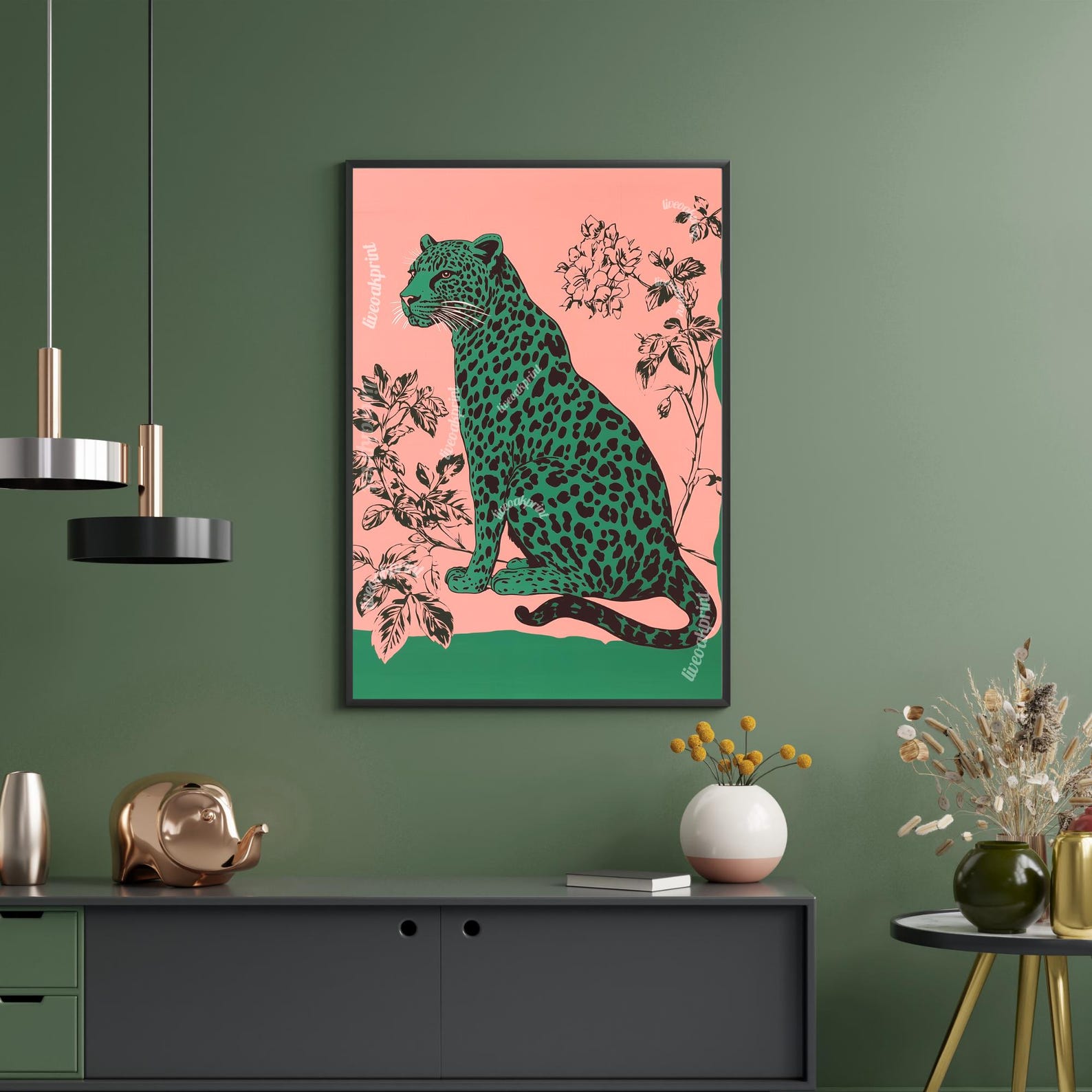 Emerald Leopard on Pink Wall Art - Botanical Bold Maximalist Animal ...