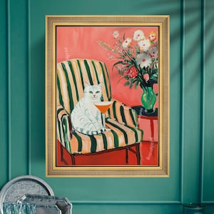 Weißer Katzen-Cocktail Kunstdruck – Barwagen Dekor – Retro Katzen Wandkunst – Maximalist Home Print – Dopamin-Dekor – Funky Küchen-Poster