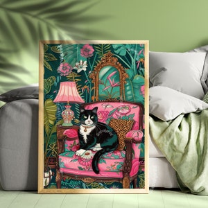 Tuxedo Cat Print  - Vintage Cat Print - Pink Maximalist Print - Boho Wall Art - Maximalist Cat Print - Boho Cat Decor - Black and White Cat