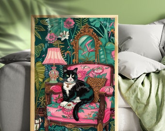 Tuxedo Cat Print  - Vintage Cat Print - Pink Maximalist Print - Boho Wall Art - Maximalist Cat Print - Boho Cat Decor - Black and White Cat