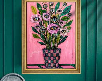 Pink Flower Wall Art - Eye Art Print for Boho Gallery Wall - Funky Floral Wall Decor - Surreal Plant Art - Maximalist Home Accent
