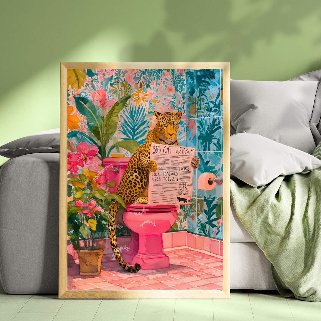Leopard on A Toilet Wall Art - Colorful Toilet Room Decor Funny ...