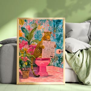 Leopard On A Toilet Wall Art - Colorful Toilet Room Decor Funny Bathroom Print Colorful Toilet Room Decor Quirky Animal Poster Eclectic Art