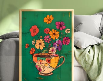 Emerald Green Coffee Cup and Flowers Print - Tea Cup Wall Art