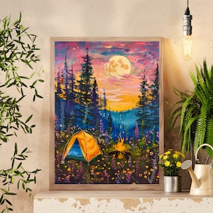 Camping Under The Full Moon - Camping Print - Boho Wall Art - Nature Wall Art - Forest Decor - Summer Wall Art - Moon Print