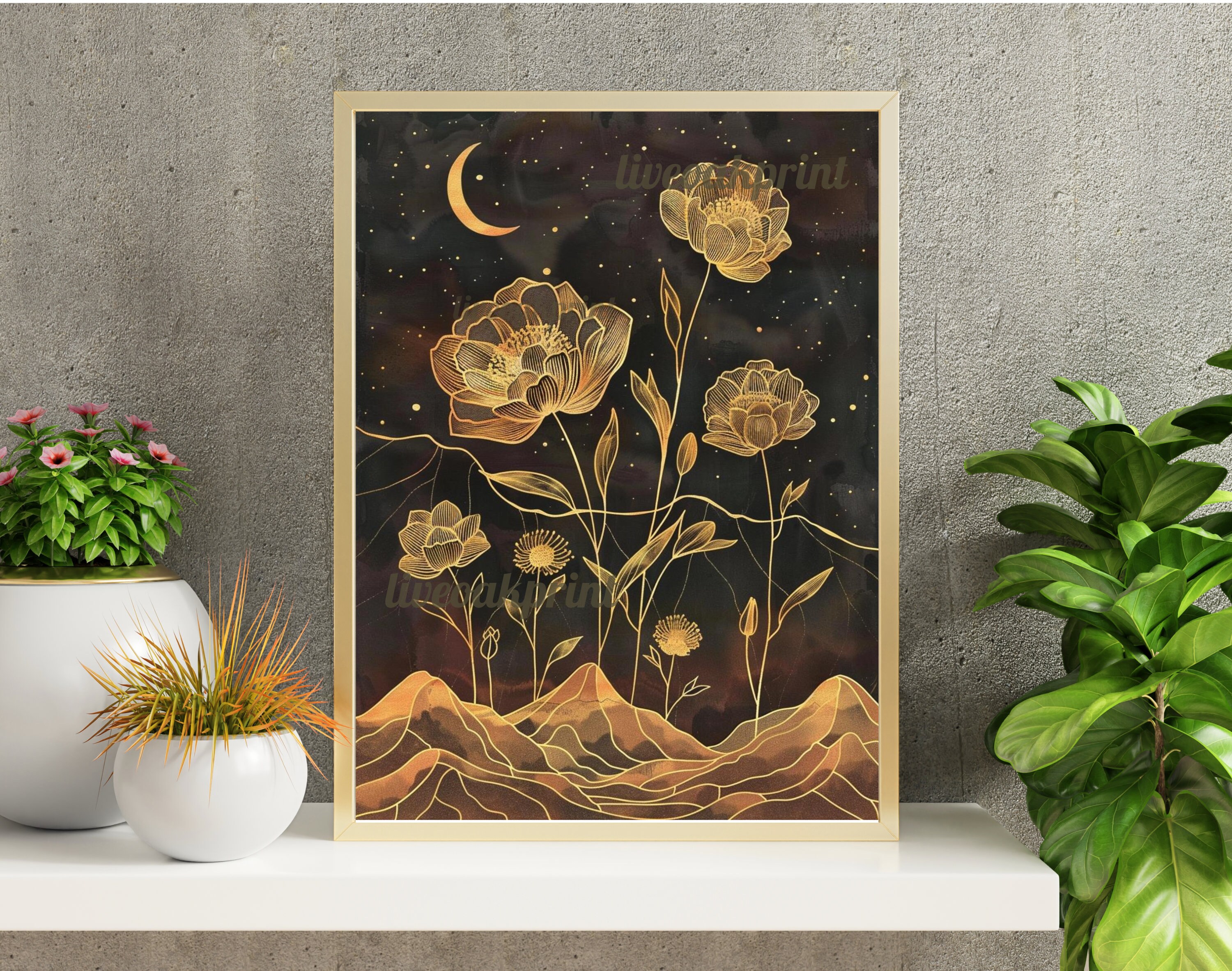 フラワー・ガーデニング moon Gold and Black Flowers - Vintage Whimsical Moon Print - Neutral