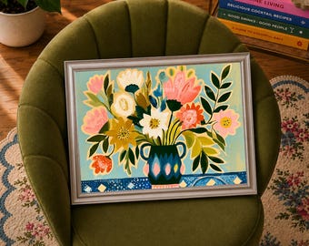 Sophie Floral Wall Art - Retro Mid-Century Modern Botanical Print, Aqua Teal Flower Poster, Folk Vase Eclectic Decor