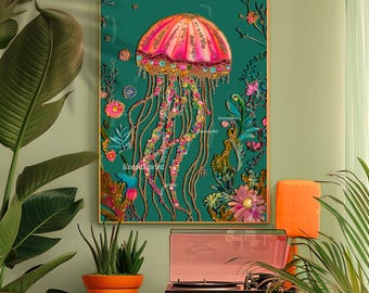 Jellyfish Wall Art - Pink Beach Print - Coastal Bathroom Wall Decor Beach House Art Ocean Decor For Bathroom Print Mermaidcore Decor
