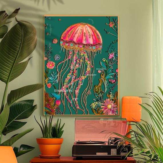 Jellyfish Wall Art - Pink Beach Print - Coastal Bathroom Wall Decor Beach House Art Ocean Decor For Bathroom Print Mermaidcore Decor