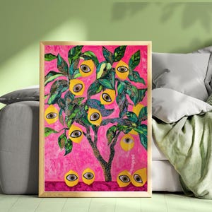 Allsehende Zitrone Wand Dekor - Zitronen Baum Surreale Wand Kunst Funky Fruit Kunstdruck Küchen Wand drolliger Kunstdruck Seltsame Wand Kunst