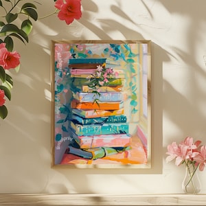 Pastel Stack of Books Print - Cottagecore Book Print - Cozy Library Wall Art - Reading Nook Decor - Vintage Inspired Book Lover Poster