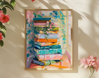 Pastel Stack of Books Print - Cottagecore Book Print - Cozy Library Wall Art - Reading Nook Decor - Vintage Inspired Book Lover Poster