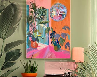 1970s Retro Inspired Disco Interior Print - Disco Living Room Print Pink Wall Art Groovy Art Boho Wall Decor Eclectic Disco Print