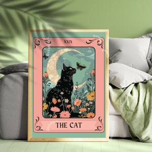 The Cat Tarot Print - Black Cat Moon Tarot Card - Witchy Cat Wall Art - Botanical Cat Decor - Mystical Cat Lover Gift - Boho Cat Poster