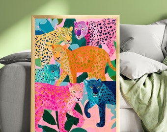 Colorful Leopard Art Print | Whimsical Jungle Wall Art | Pink & Blue Leopard Poster | Modern Maximalist Animal Decor | Framed or Unframed
