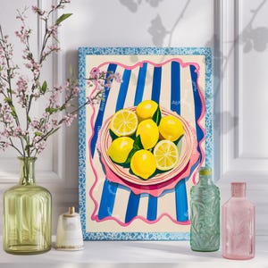Zitronen Art Print - Maximalist Kunstdruck Mediterrane Küche Wand Kunst Sommer Obst Drucke Rosa und Blau Chef Küche Dekor Retro Wand Dekor