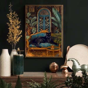 Moody Black Panther with a Whisky Glass - Maximalist Bar Cart Decor - Dark Academia Panther Print - Luxury Living Room Wall Art