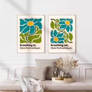 Stampa con citazione di Thich Nhat Hanh - Arte murale per la meditazione - Inspira ed espira - Set di due stampe minimaliste - Stampa per sala di meditazione - Arte buddista