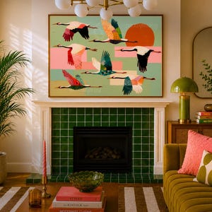 May include: A rectangular wall art print featuring a flock of stylized cranes in flight against a light green background with a large orange sun, showcasing various colorful wing patterns in shades of pink, blue, and black across the composition.