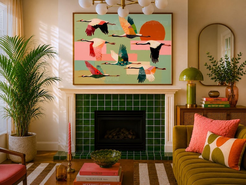 May include: A rectangular wall art print featuring a flock of stylized cranes in flight against a light green background with a large orange sun, showcasing various colorful wing patterns in shades of pink, blue, and black across the composition.