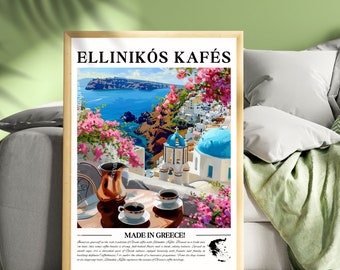 Greek Coffee Wall Art - Greece Kitchen Decor Ellinikós Kafés Print European Coffee Art Greek Home Decor Aegean Blue Wall Art Mediterranean
