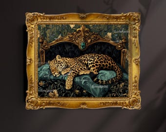 May include: A gold framed painting of a leopard sleeping on a luxurious bed with a green and gold patterned background.