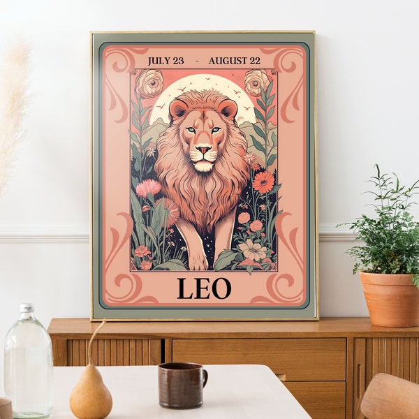 Leo Tarot Print - Zodiac Wall Print - July Astrology Wall Art - Lion Wall Art - Botanical Boho Leo Print - Leo Star Sign