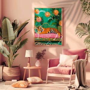 May include: A digital illustration of a tiger lying on a pink chaise longue with a green and gold patterned background. The tiger is surrounded by disco balls hanging from the ceiling.