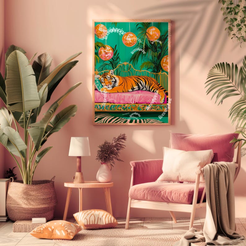 May include: A digital illustration of a tiger lying on a pink chaise longue with a green and gold patterned background. The tiger is surrounded by disco balls hanging from the ceiling.
