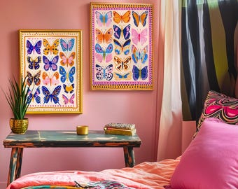 Set of 2 Colorful Butterfly Prints – Pink Orange and Blue Vibrant Butterfly Wall Art Whimsical Nature Decor Prints Maximalist Gallery Wall