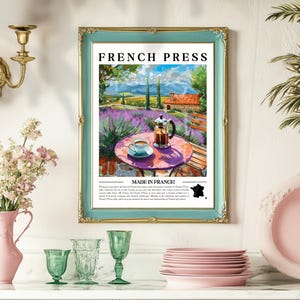 Arte de parede de café com prensa francesa - Impressão de café francês, decoração de cozinha francesa, pôster de café parisiense, impressão de café europeu, decoração de casa francesa