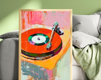 May include: A painting of a vintage record player with a red vinyl record on the turntable. The painting is done in a colorful, abstract style with bright pink, orange, and green hues.