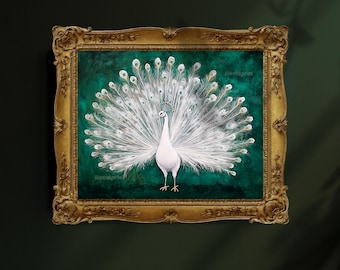 White Peacock Print - Emerald Green Maximalist Wall Art - Vintage Bird Illustration - Baroque Inspired Statement Art - Opulent Home Decor