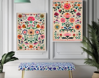 Conjunto de 2 láminas de arte mexicano - Arte mural mexicano - Decoración de pared de México - Decoración de sala de estar - Impresión de pared vintage - Decoración maximalista colorida para el hogar
