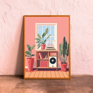 Retro Record Player - Pink Retro Art - Botanical Vintage Print - Pink Wall Art - Retro Wall Decor - 60s 70s vibes - Groovy Wall Art