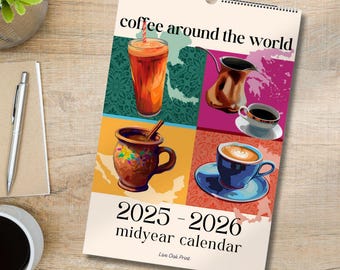 2025–2026 Mid Year Coffee Calendar – Coffee Around the World Wall Calendar – July Start Academic Planner – Travel Gift for Coffee Lovers
