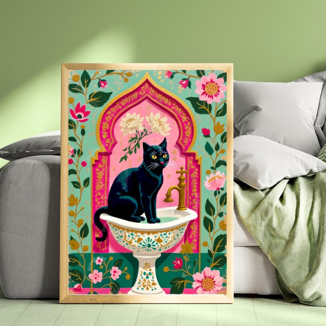 Black Cat Sink Art Print – Grandmacore Bathroom Decor, Pink Floral ...