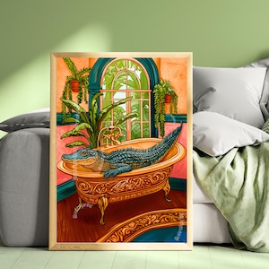 Gator in Bathtub Bathroom Print - Funny Alligator Wall Art - Quirky Bathroom Decor - Eclectic Home Decor - Housewarming Gift - Boho Florida