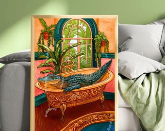 Gator in Bathtub Print – Funny Bathroom Alligator Art